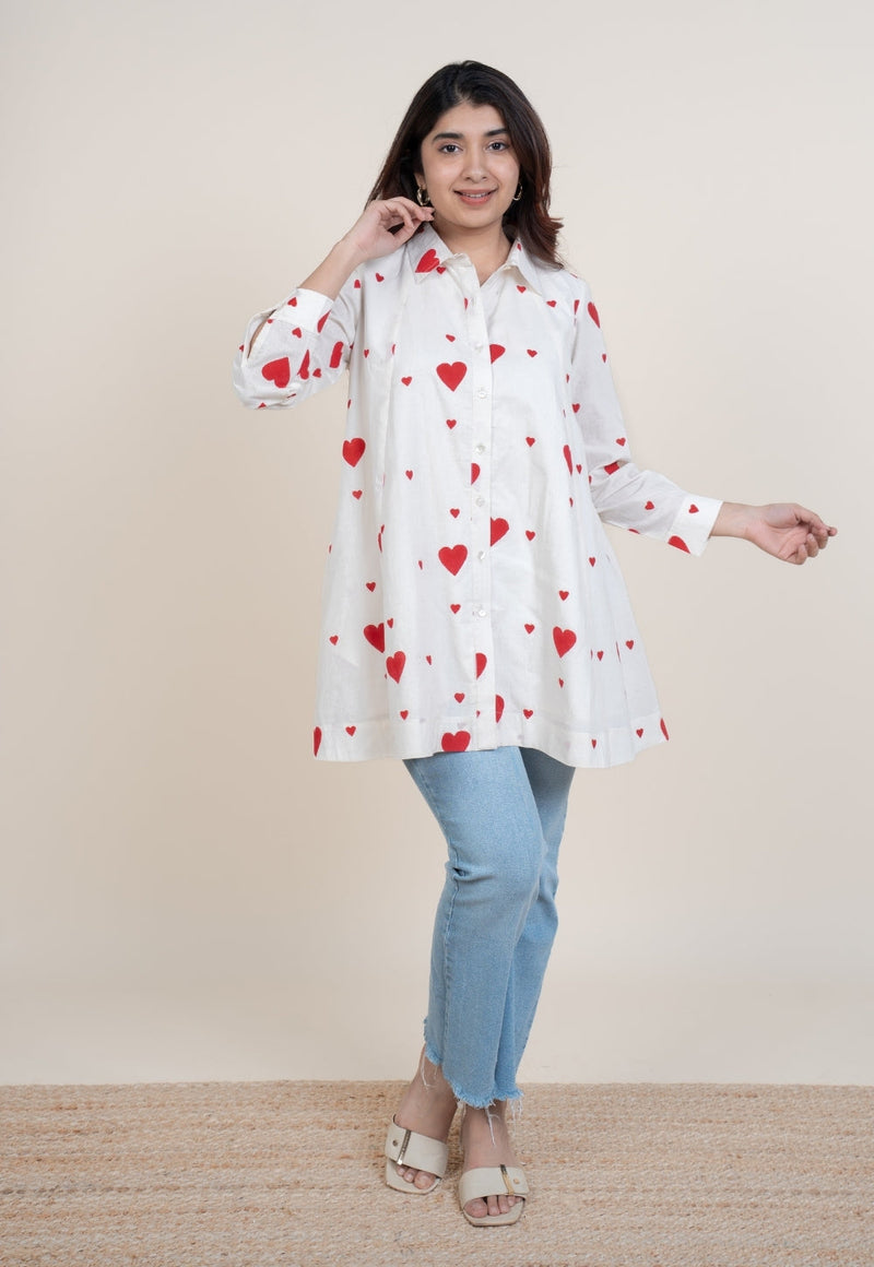 Zaria White Handblock Print Cotton A Line Short Top