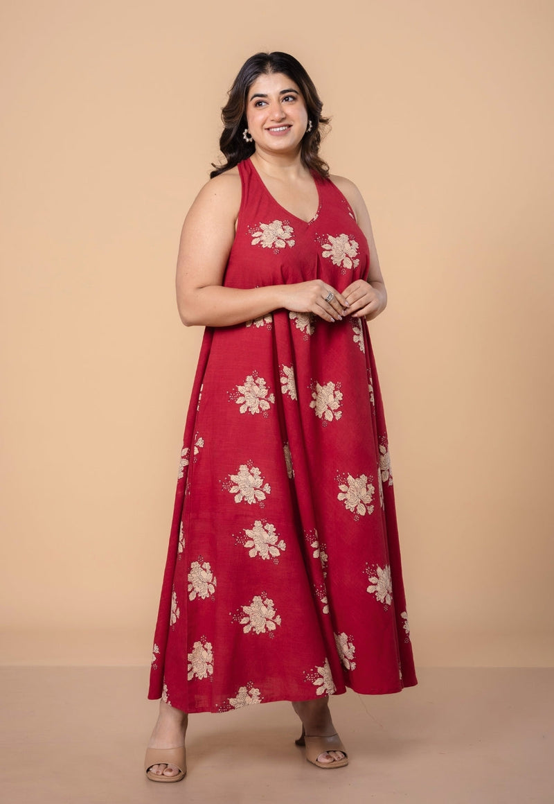Tashi Red Dabu Slub Cotton A Line Dress
