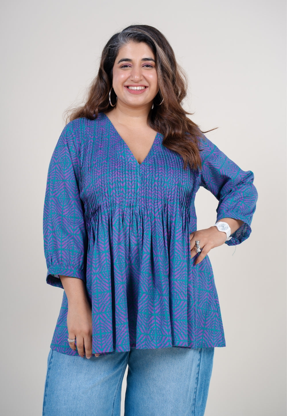 Hiral Purple Printed Mul A Line Short Top