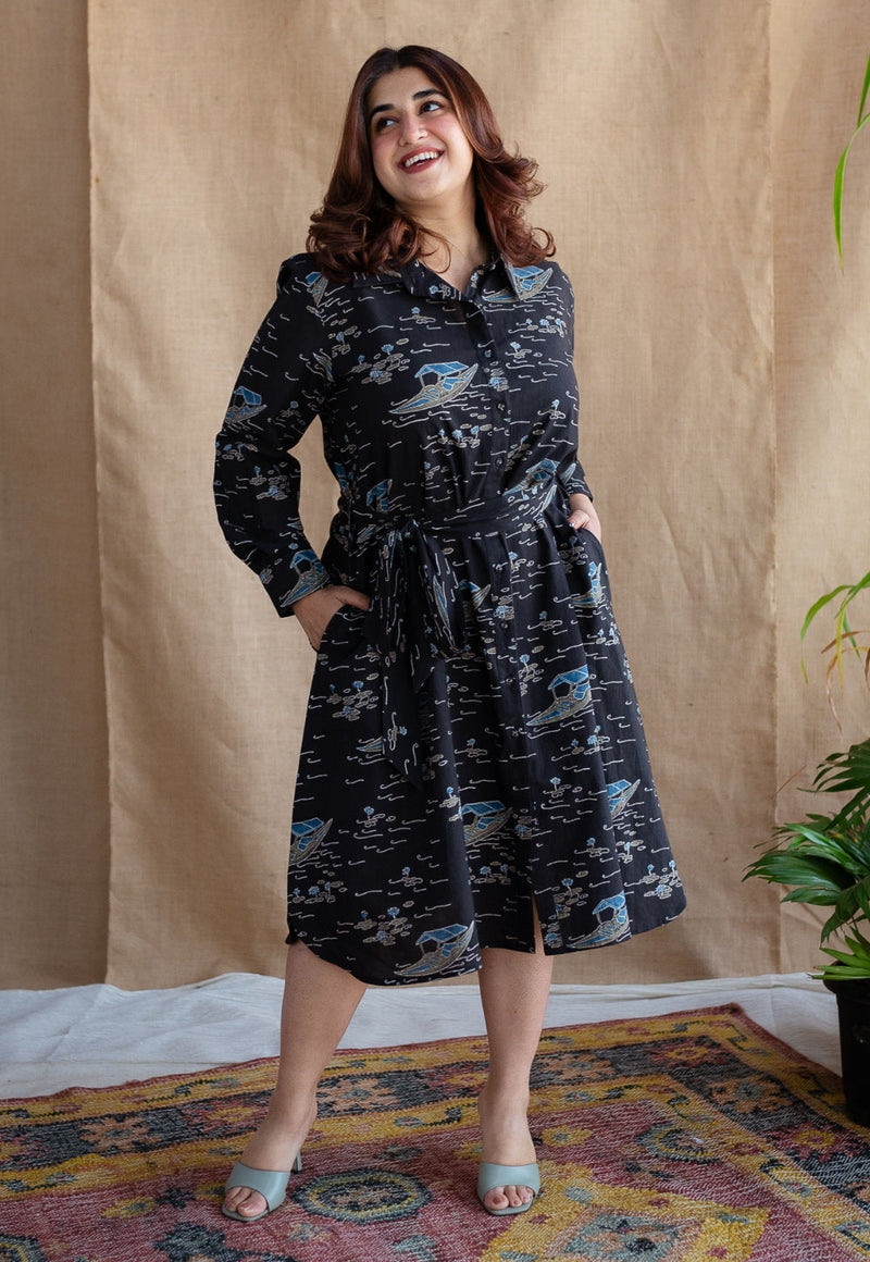 Sirin Charcoal Ajrakh Cotton A Line Dress