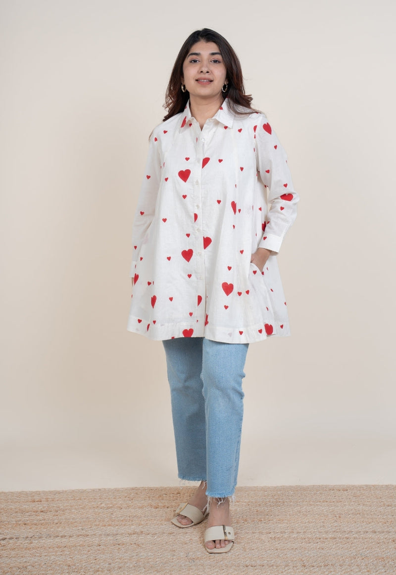 Zaria White Handblock Print Cotton A Line Short Top