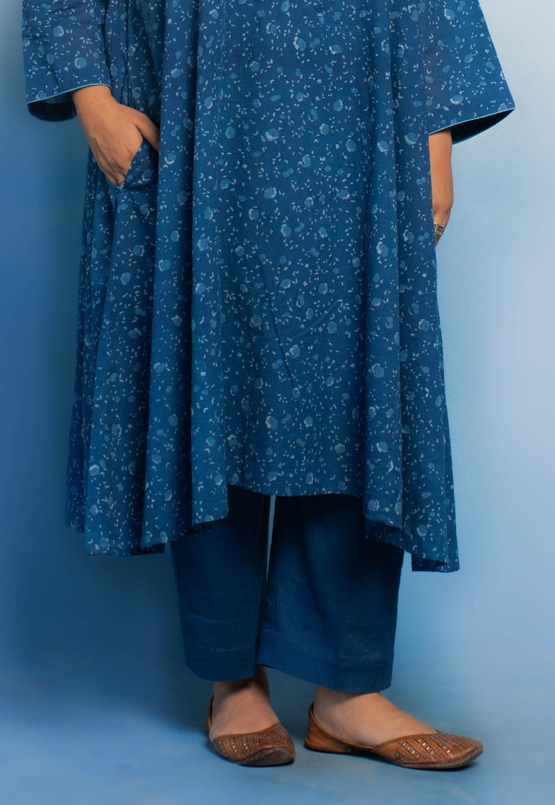 Prita Blue Solid Slub Cotton Narrow Pant