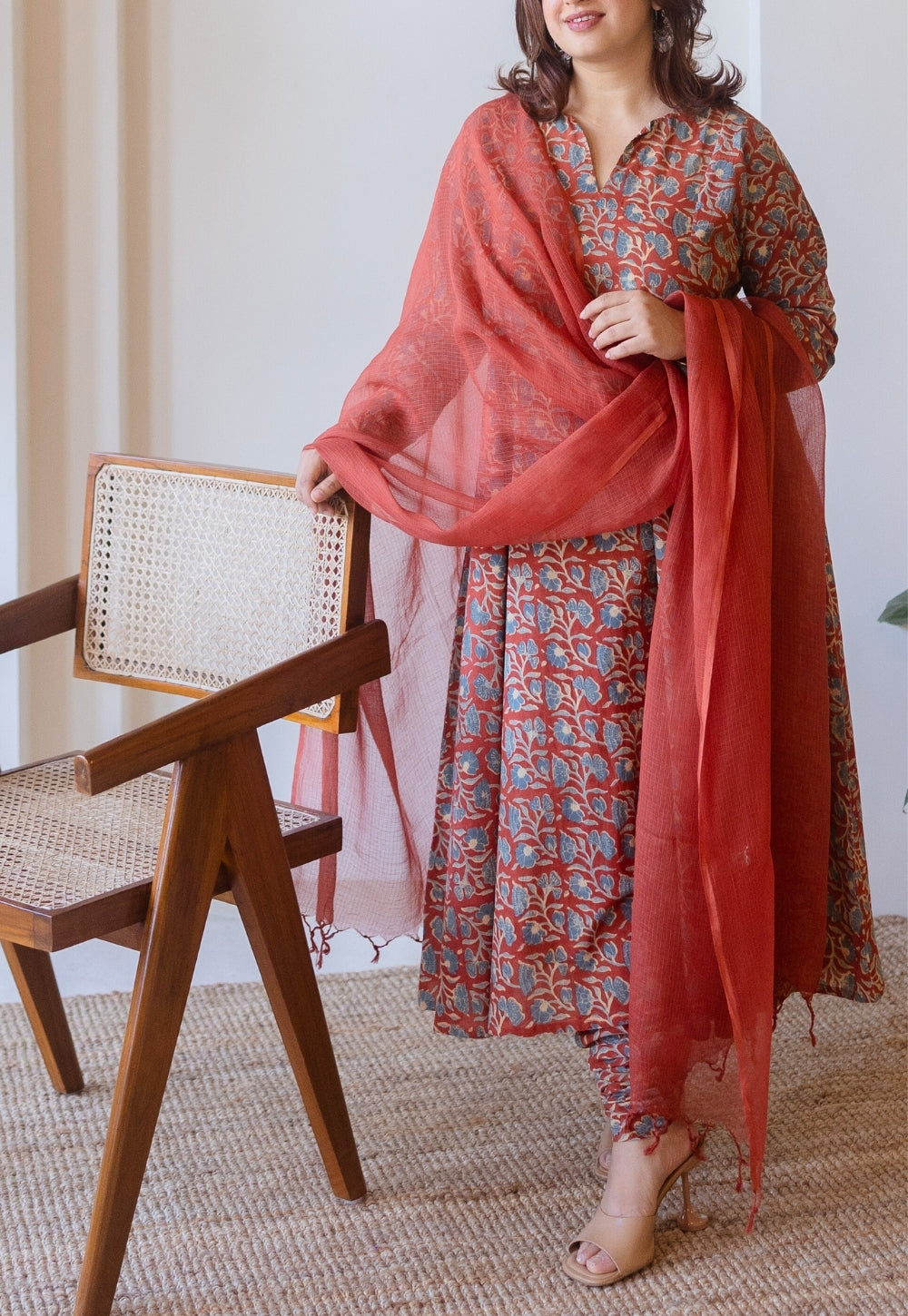 Shinat Red Ajrakh Cotton Kali Kurta with Hand Embroidery
