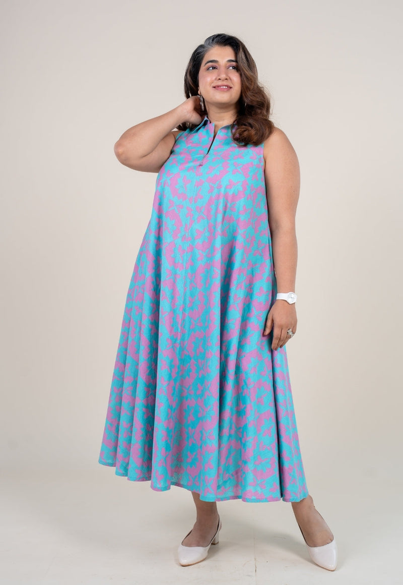 Arya Aqua Blue Printed Cotton A Line Dress with Hand Embroidery