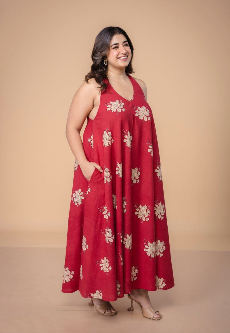 Tashi Red Dabu Slub Cotton A Line Dress