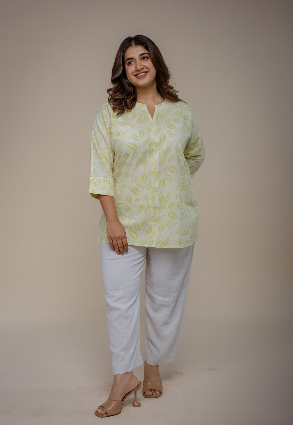 Lyla Green Hand Block Print Slub Cotton Straight Short Top