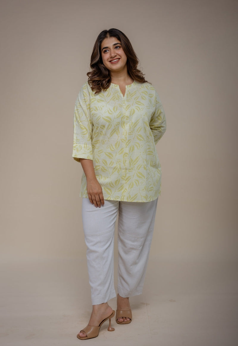 Lyla Green Hand Block Print Slub Cotton Straight Short Top