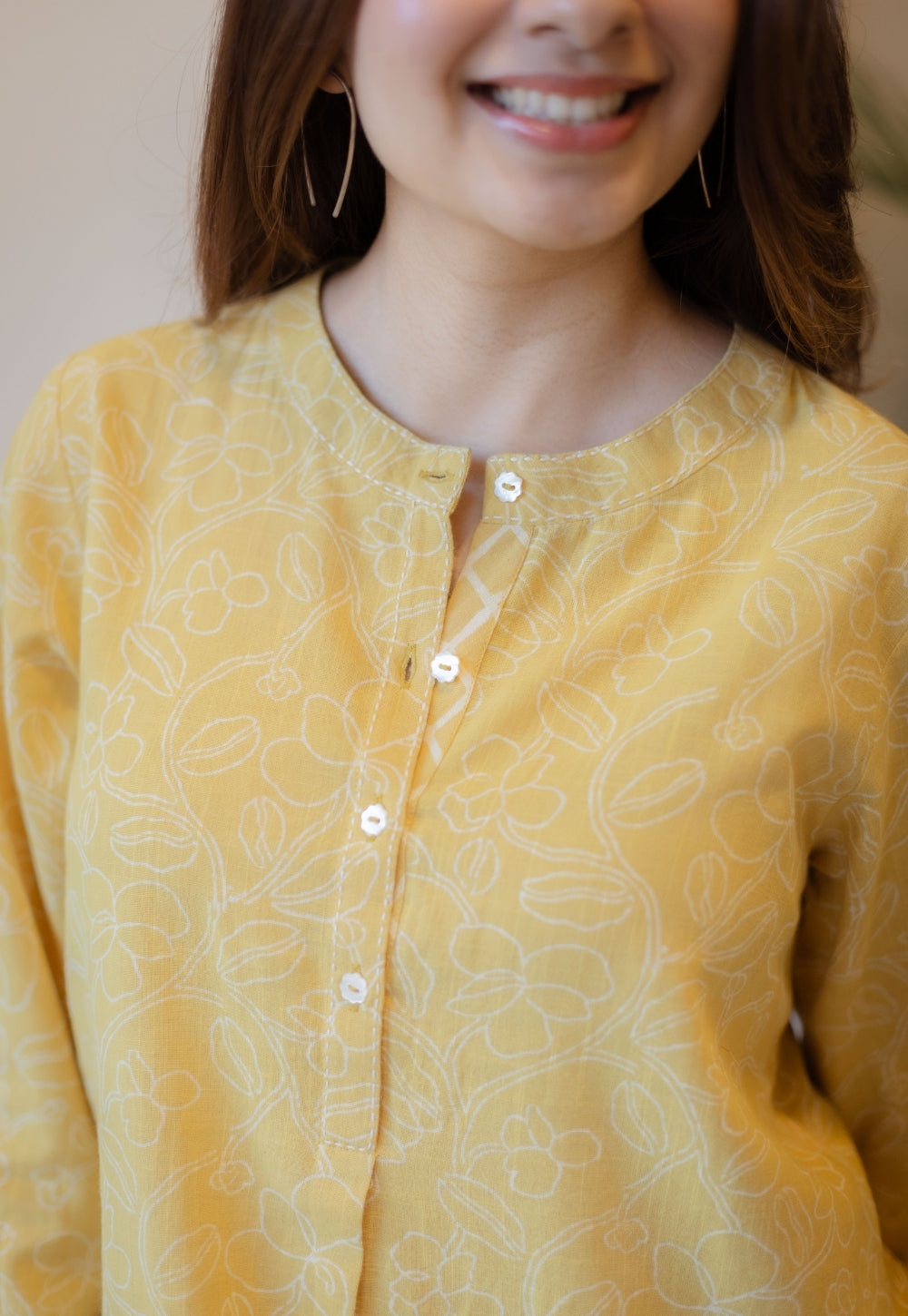 Asma Mustard Hand Block Print Slub Cotton A Line Kurta with Hand Embroidery