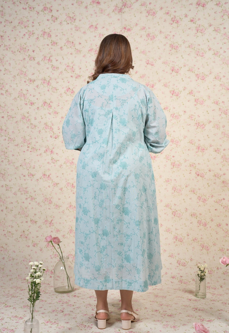 Clara Blue Floral Sanganeri Mul Cotton A Line Dress