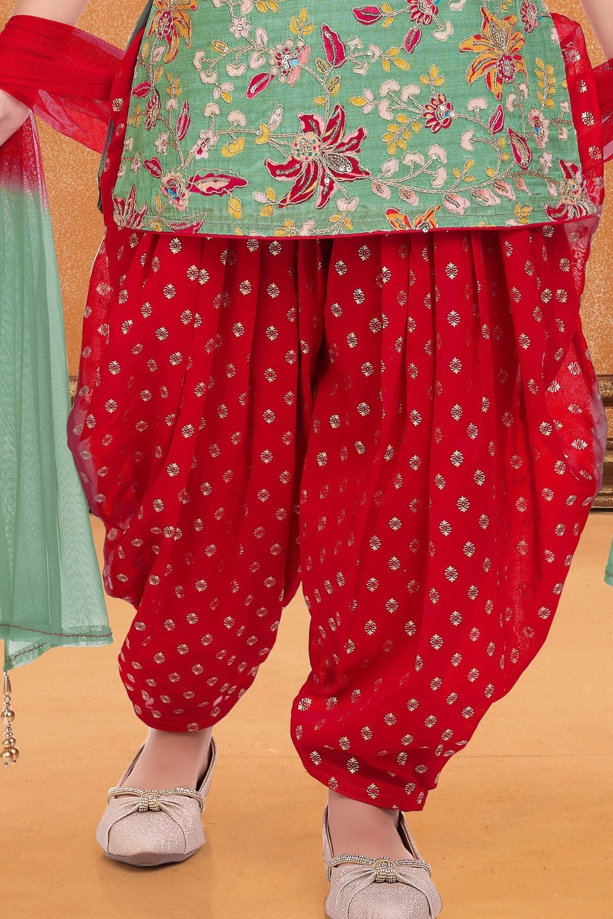 Mint Green Embroidered Patiala And Dupatta For Girls