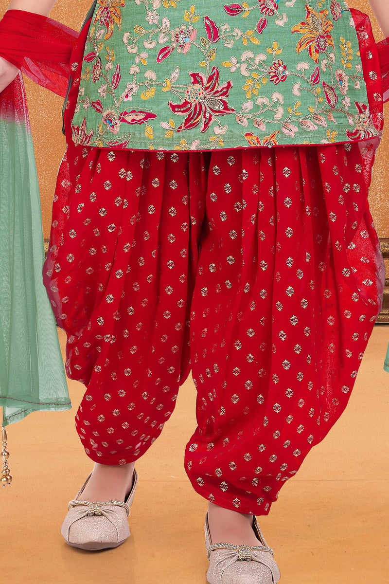 Mint Green Embroidered Patiala And Dupatta For Girls
