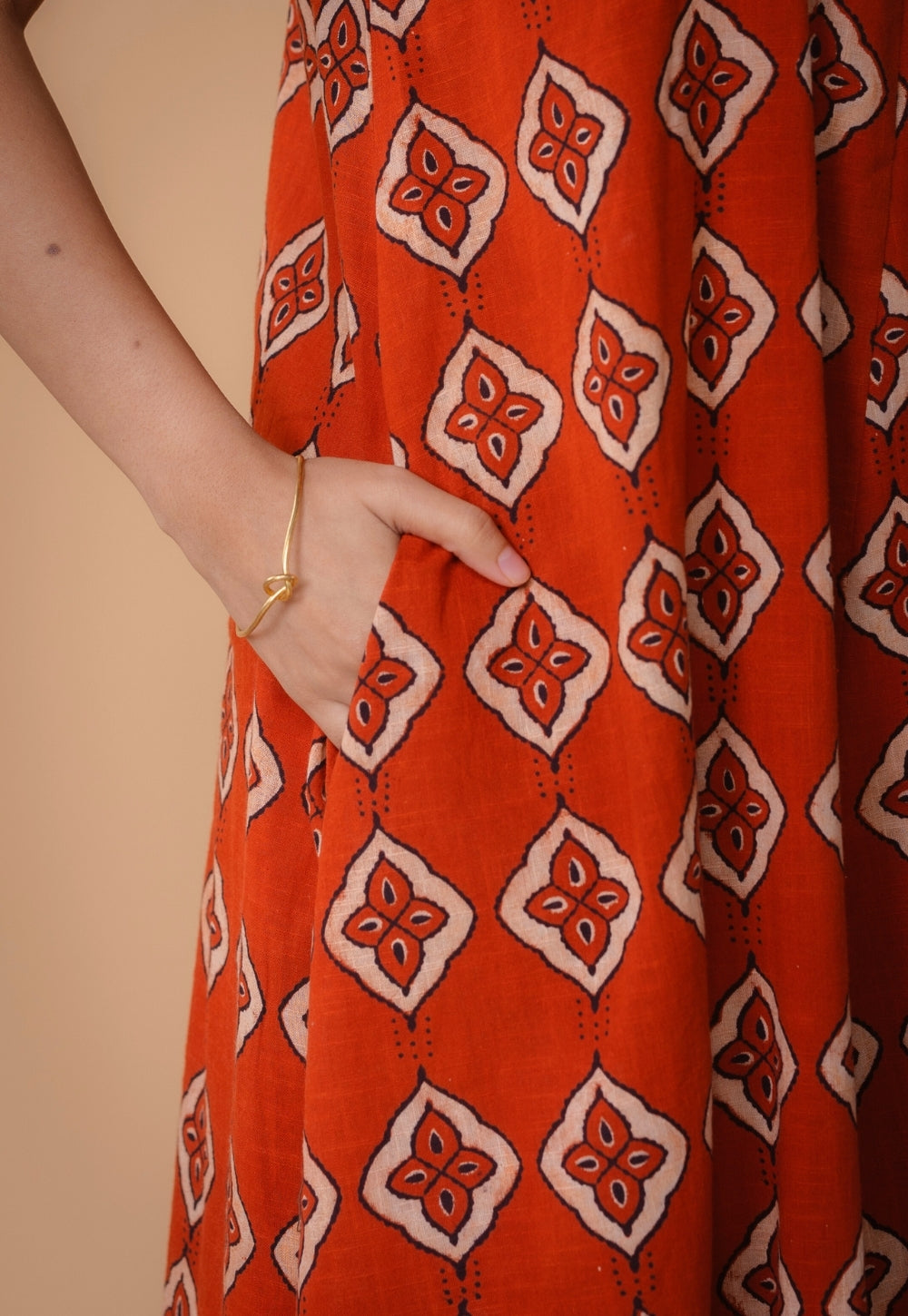 Arisha Orange Dabu Slub Cotton A Line Dress