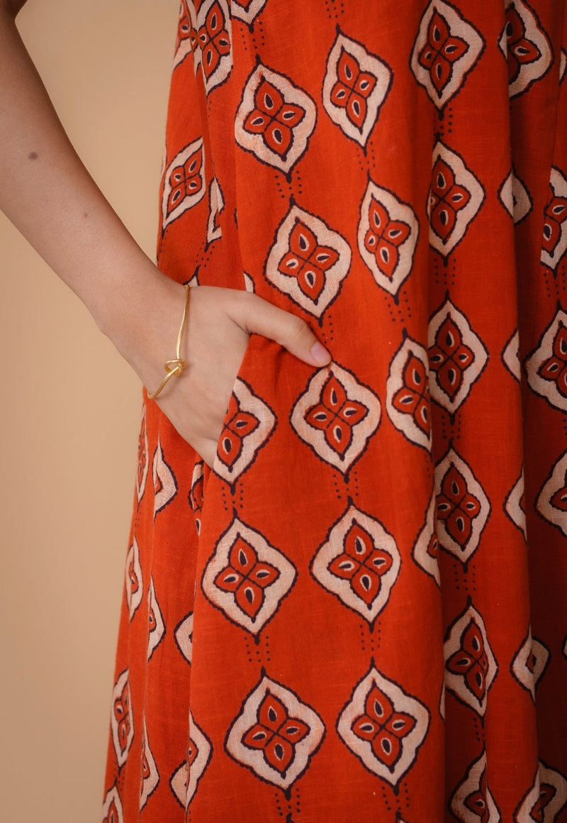 Arisha Orange Dabu Slub Cotton A Line Dress