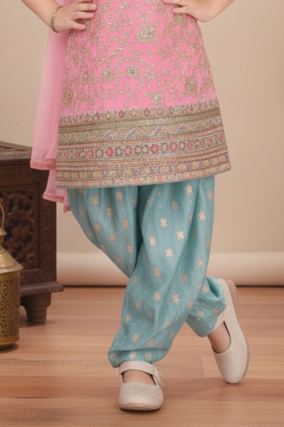 Pink Sleeveless Kurti with Foil-Print Teal Patiala And Dupatta For Girls