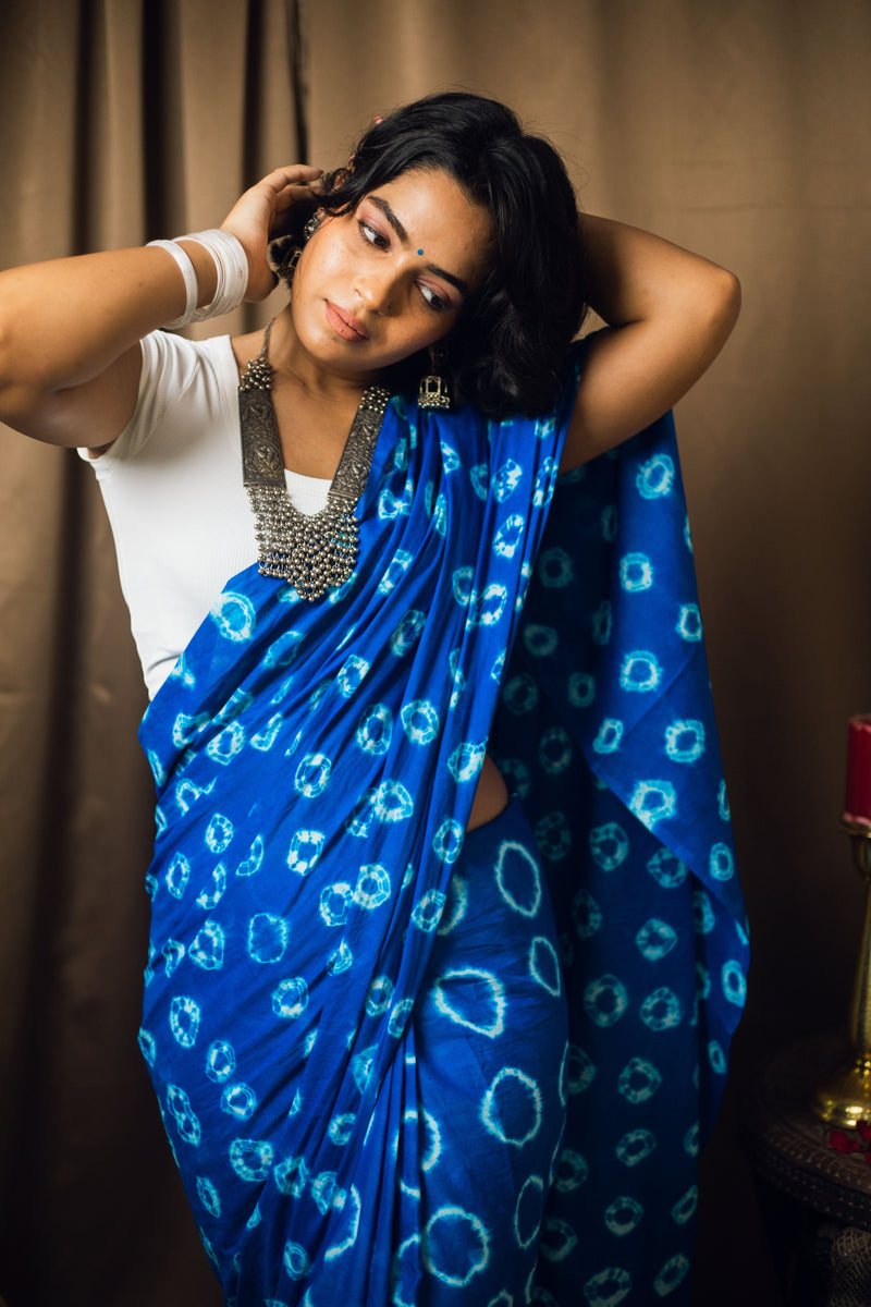 Cotton Mul Tie Dye Saree Blue Bindu-7