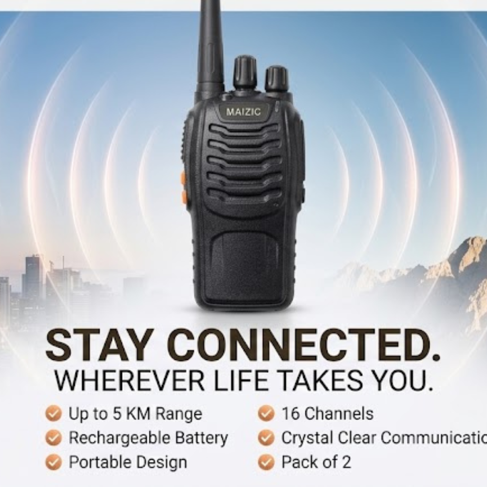 Maizic Smarthome Portable Walkie Talkie Set | 5 KM Long Range Two-Way Radio | 16 Channel 27MHz CB Radio | Rechargeable Handheld Communication Device for Security, Hiking & Travel (Black, Pack of 2)
