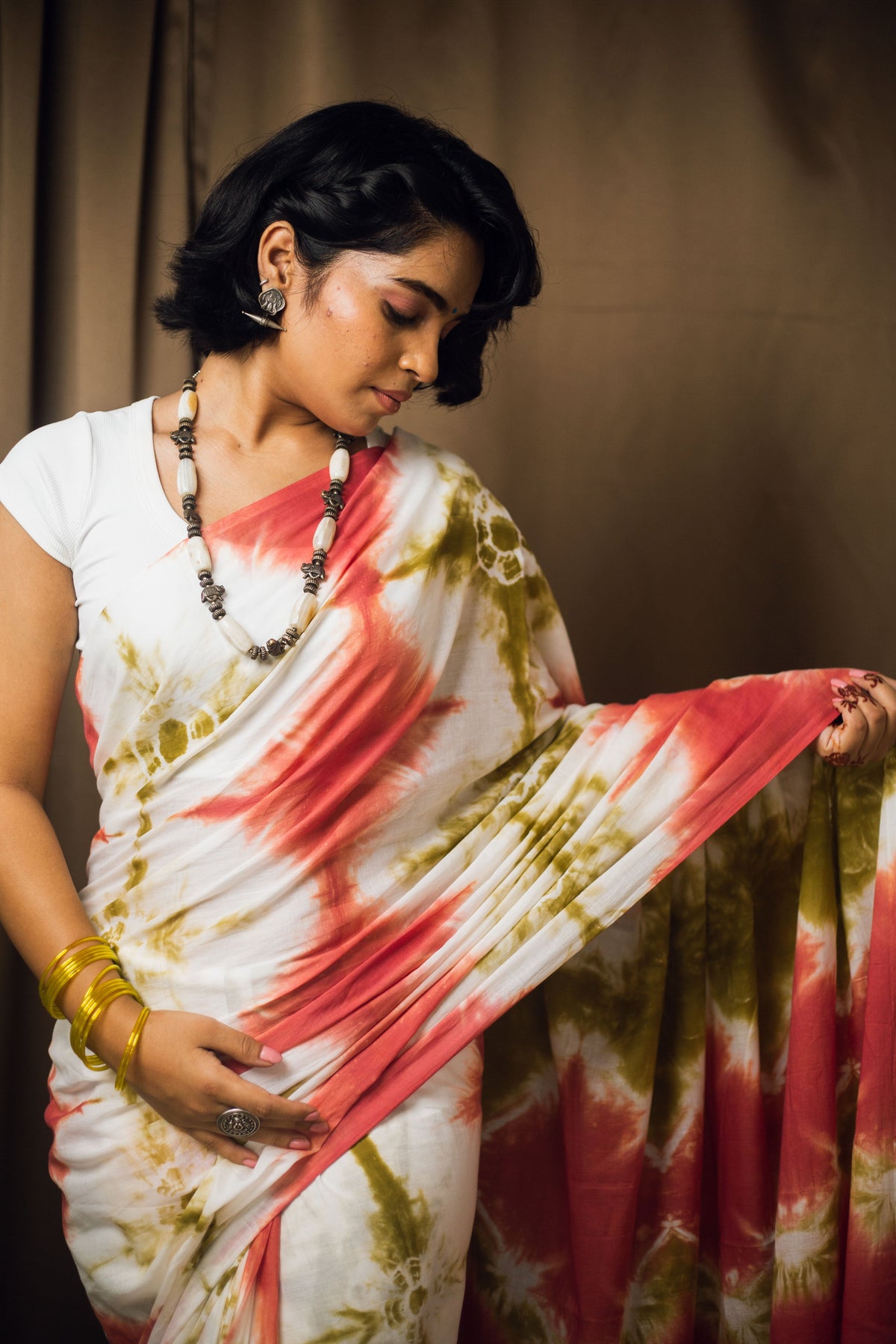 Cotton Mul Tie Dye Saree Green Earth-8