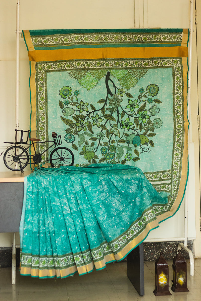 Cotton Kasavu Saree,Tree of Life Design • Sea Green-4