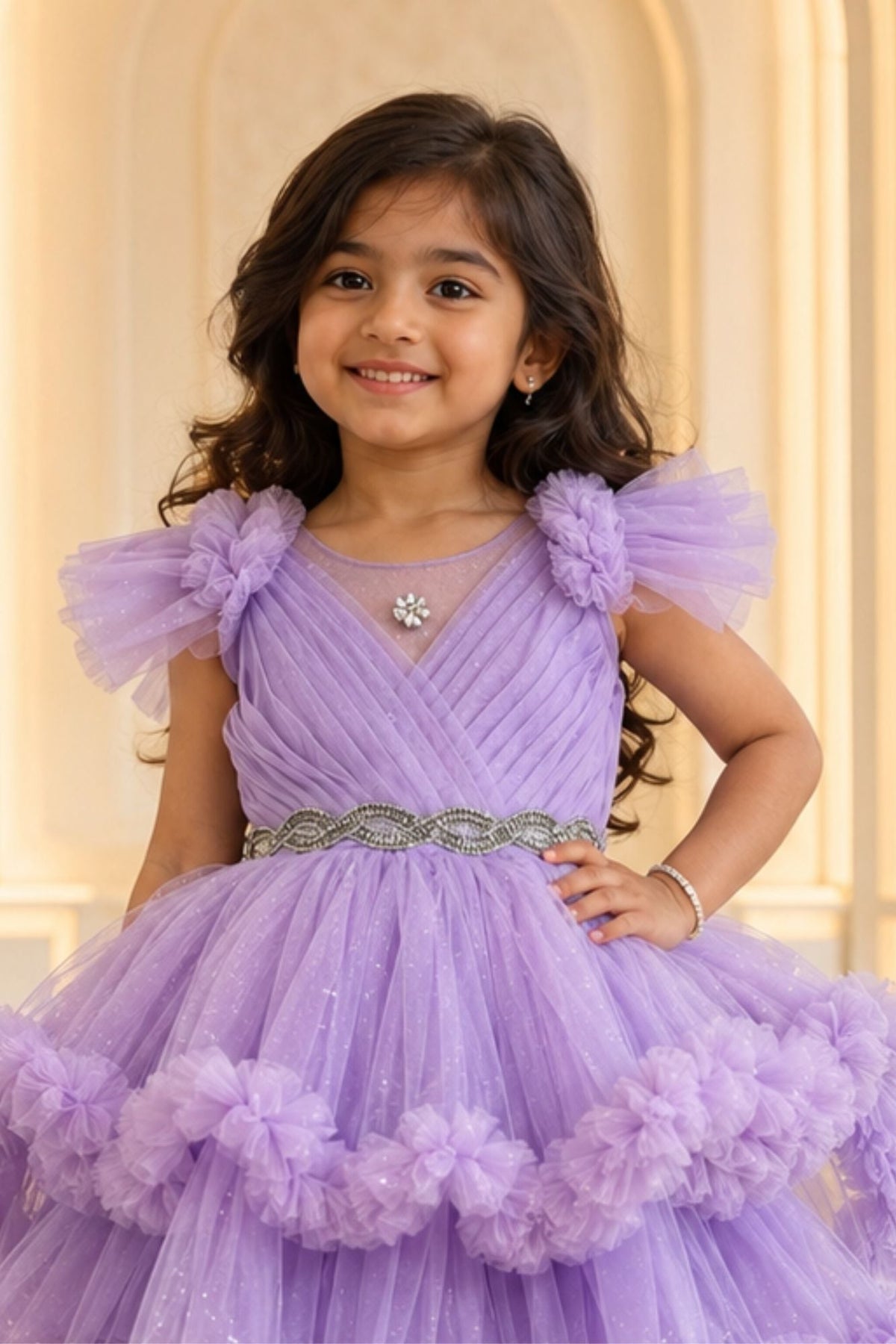 Lavender Layered Ruffle High-Low Party Wear Frock For Girls