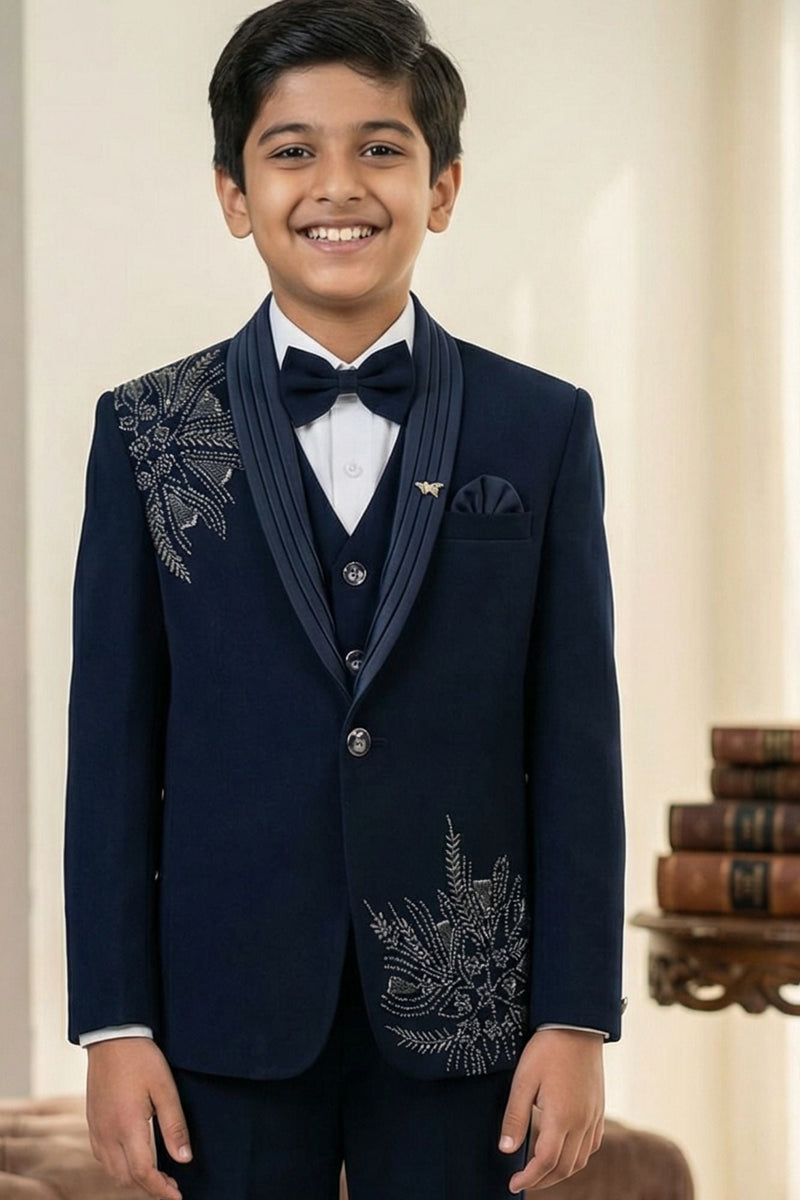 Navy Blue Embroidered 5-Piece Suit Set For Boys
