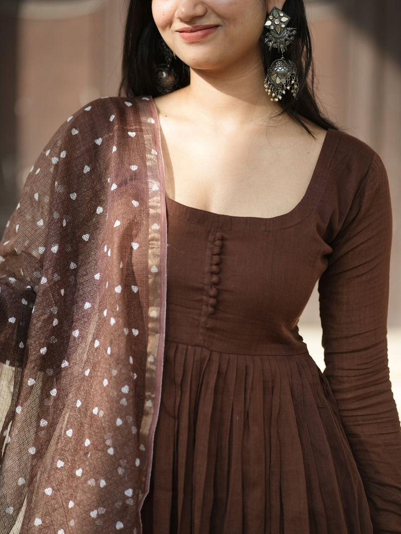 Dilruba Brown Mul Cotton Anarkali 3 Piece Suit Set with Dupatta