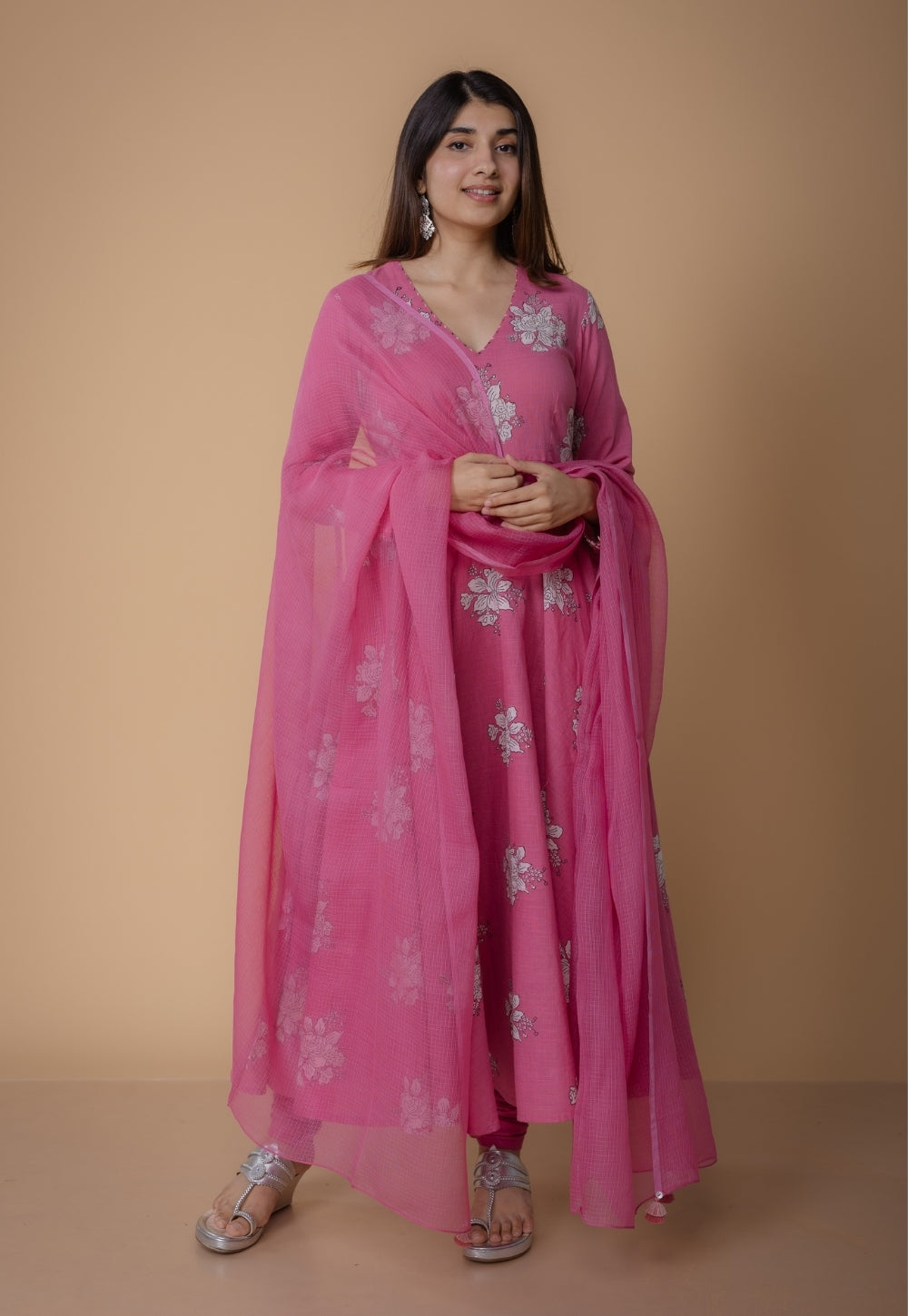 Ruvika Pink Dabu Slub Cotton A Line Kurta
