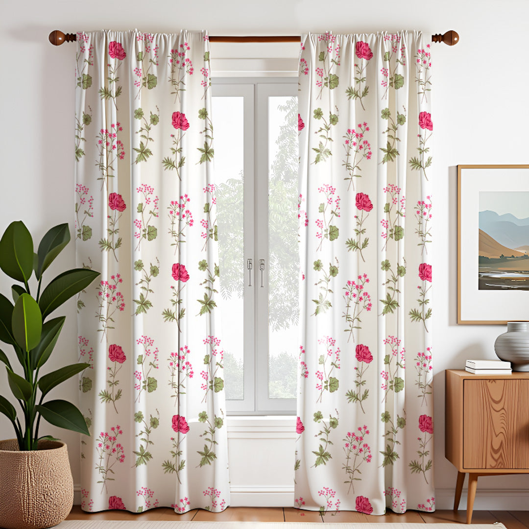 Pink Floral Printed Rod Pocket Duck Curtain-1