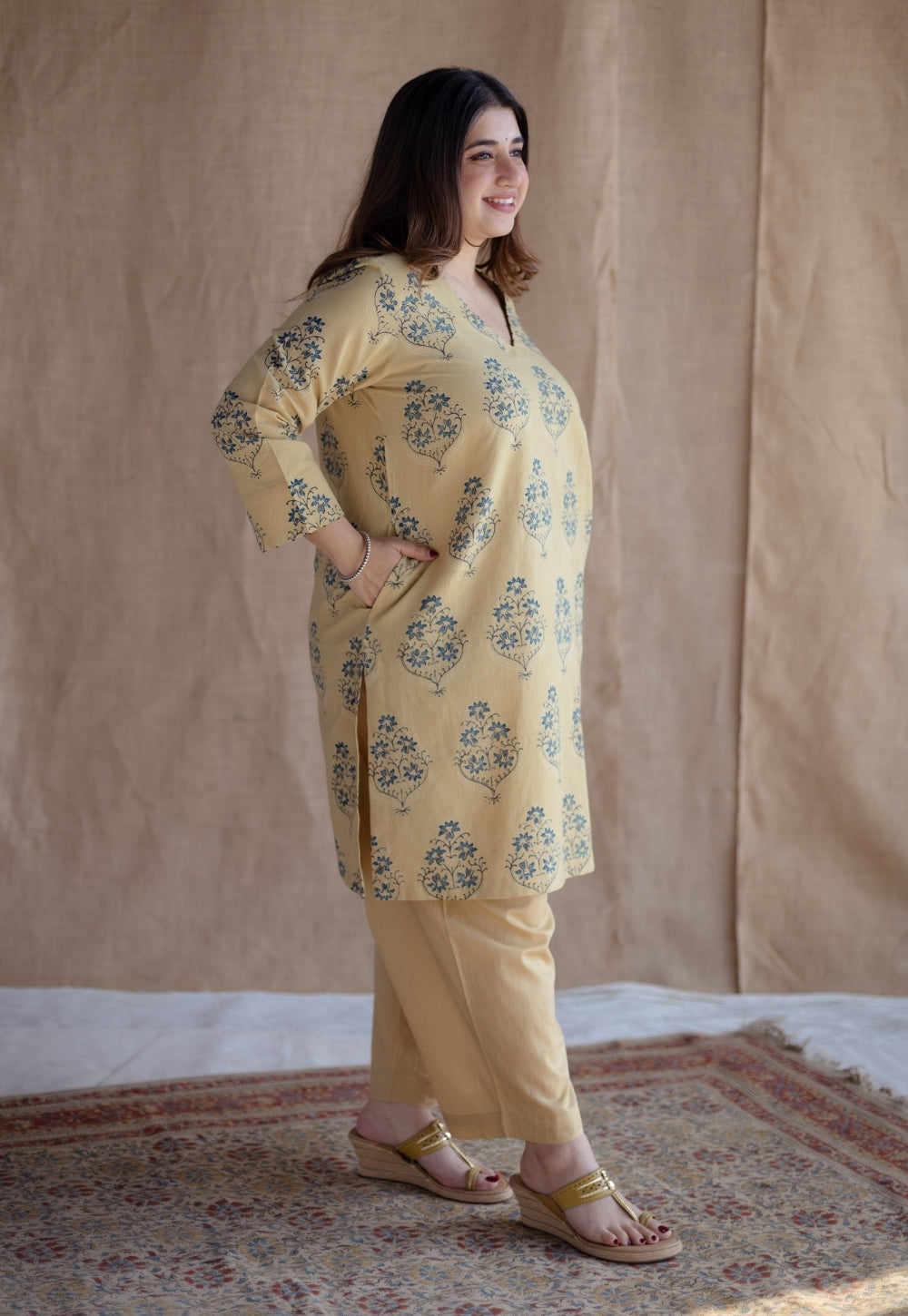 Kavya Yellow Ajrakh Cotton Straight Kurta with Hand Embroidery