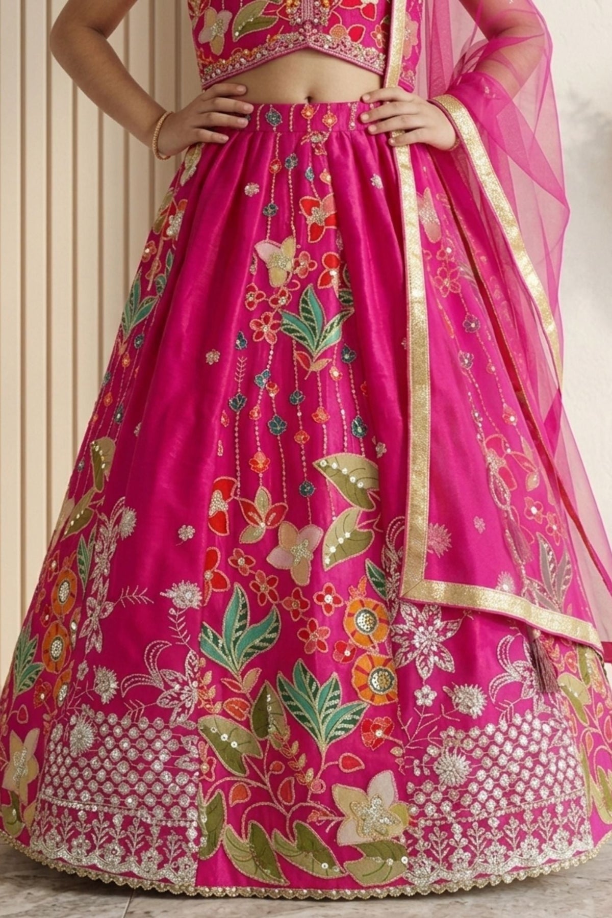 Rani Pink Floral Printed Embroidered Lehenga Choli with Dupatta