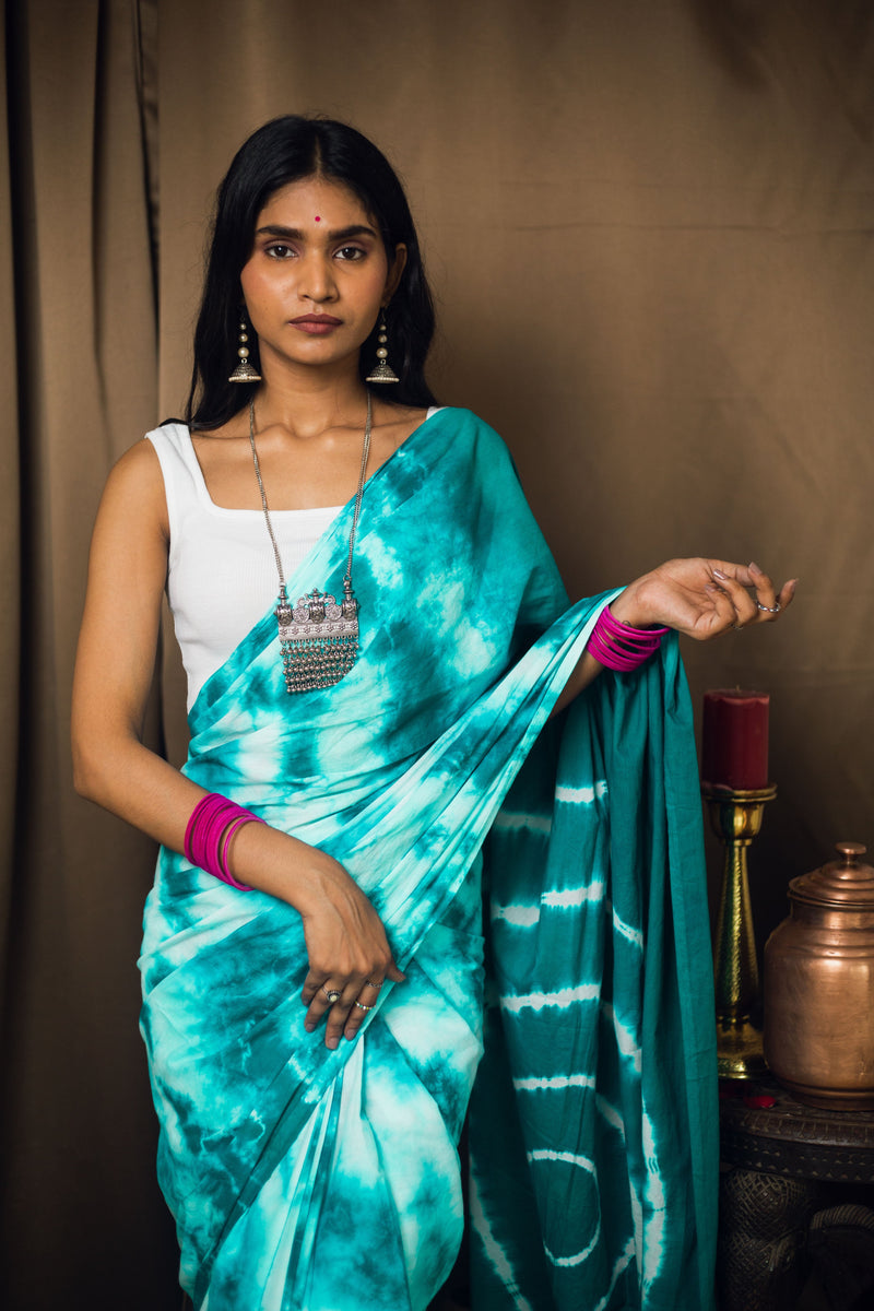 Cotton Mul Tie Dye Saree Mint Masala-8