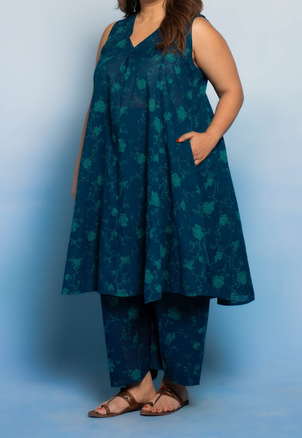 Raahi Blue Dabu Mul Cotton A Line Co-Ord Set