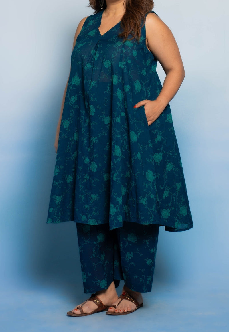 Raahi Blue Dabu Mul Cotton A Line Co-Ord Set