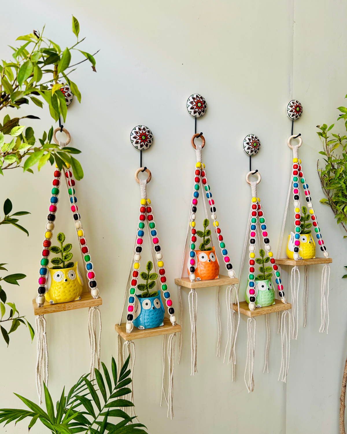 Colorful Macrame Beaded’ Mini Wall Shelves with ceramic hooks and ceramic owl planters
