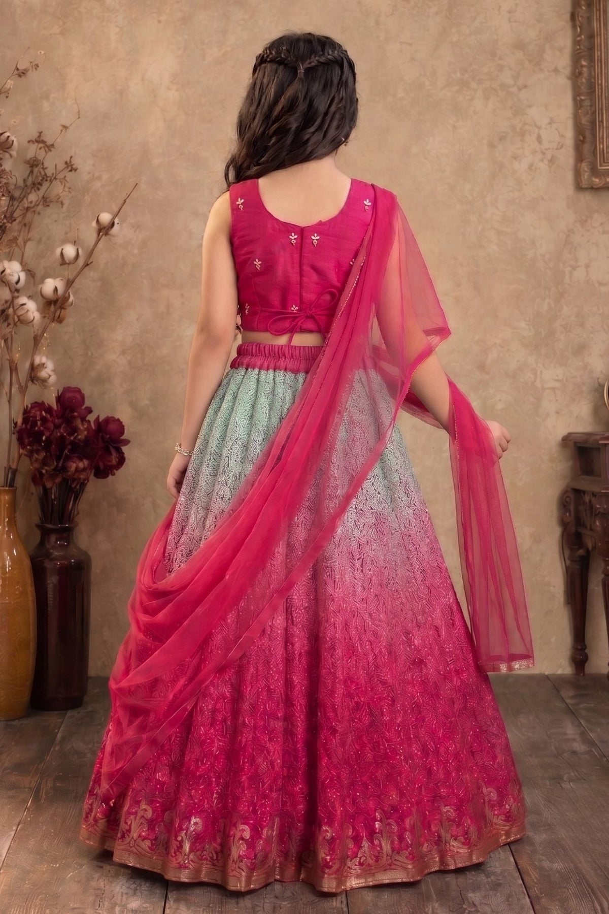 Pink and Aqua Mirror embroidered Lehenga Choli Set with Dupatta