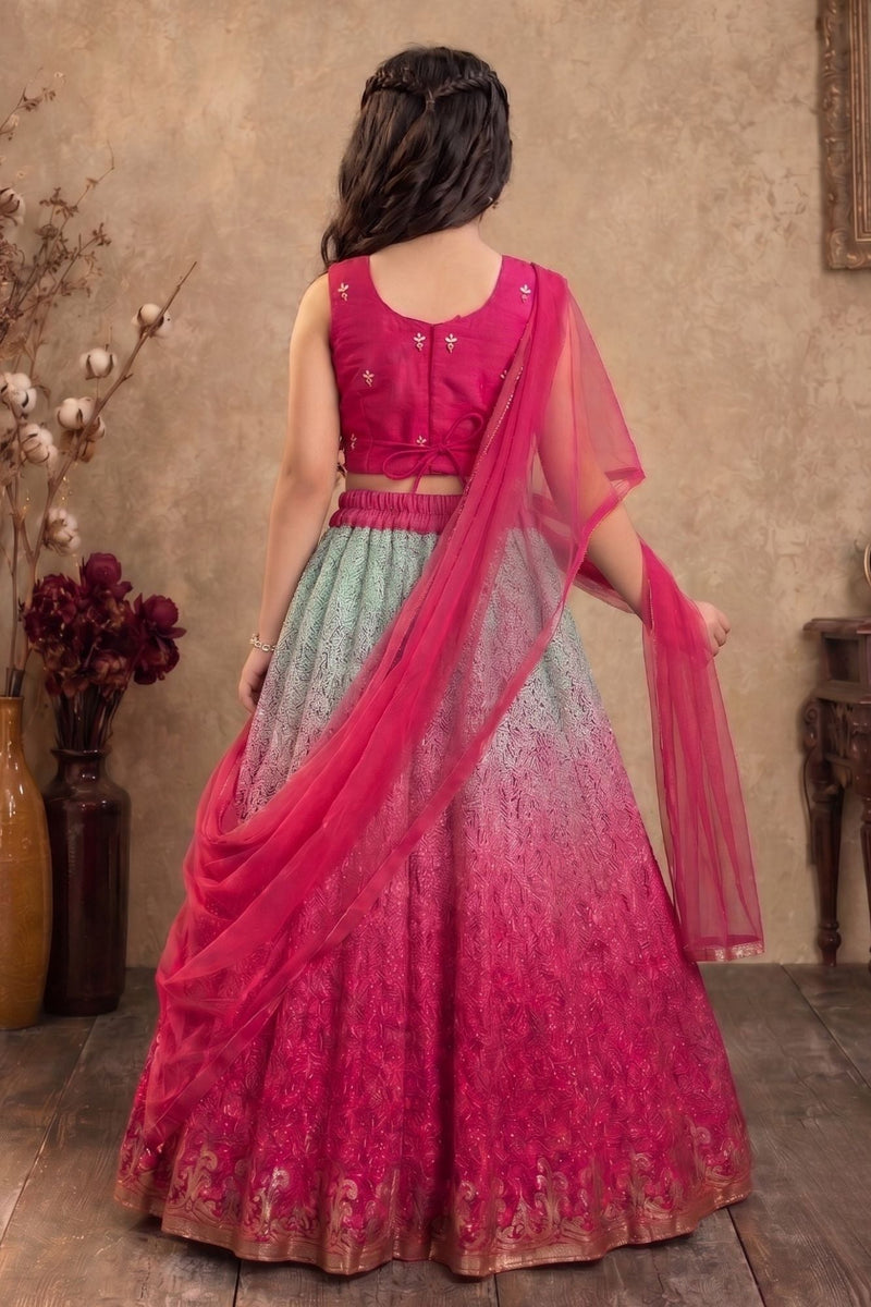 Pink and Aqua Mirror embroidered Lehenga Choli Set with Dupatta