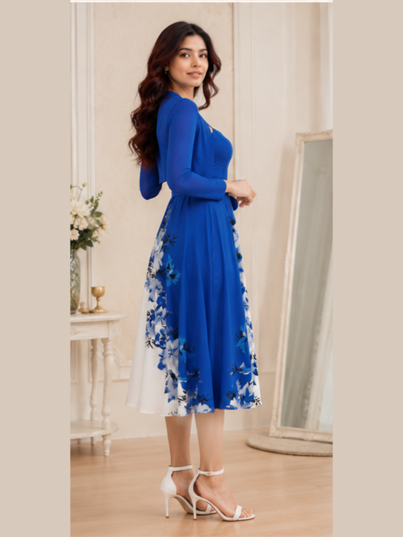 Amara Floral Midi Dress with Shrug | Blue Cardigan Jacket with Floral Suspender Dress Set