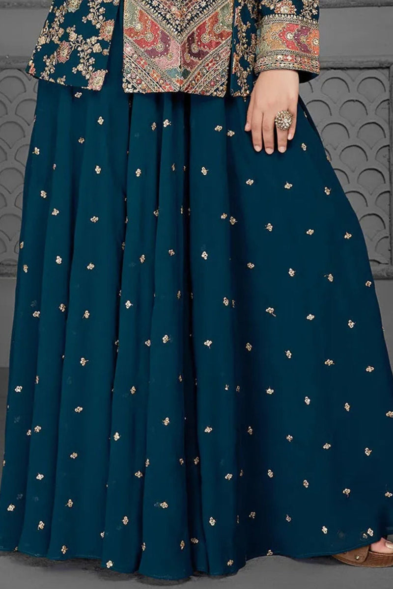 Blue Embroidered Palazzo Set with Jacket for Girls