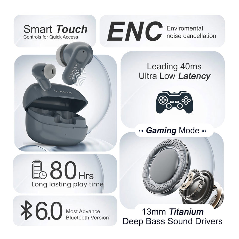 HAMMER Airflow Go Earbuds with 80H Playtime, 13mm Titanium Driver, 40ms Gaming Mode (Grey)-12