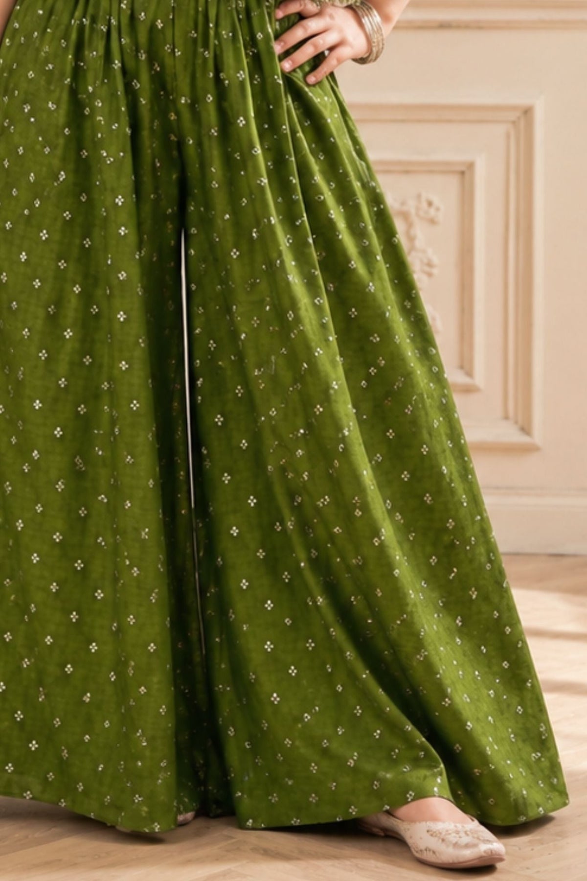 Girls Olive Green Printed Palazzo Set with Jacket and Palazzo Pants