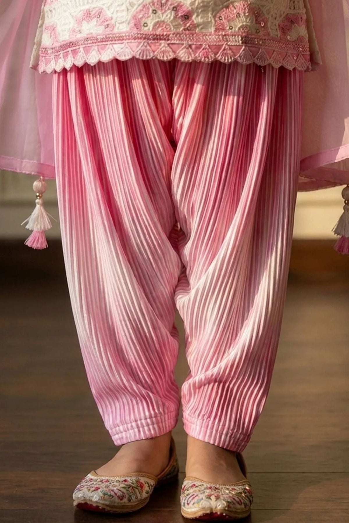 Pink And White Embroidered Patiala Set with Dupatta For Girls