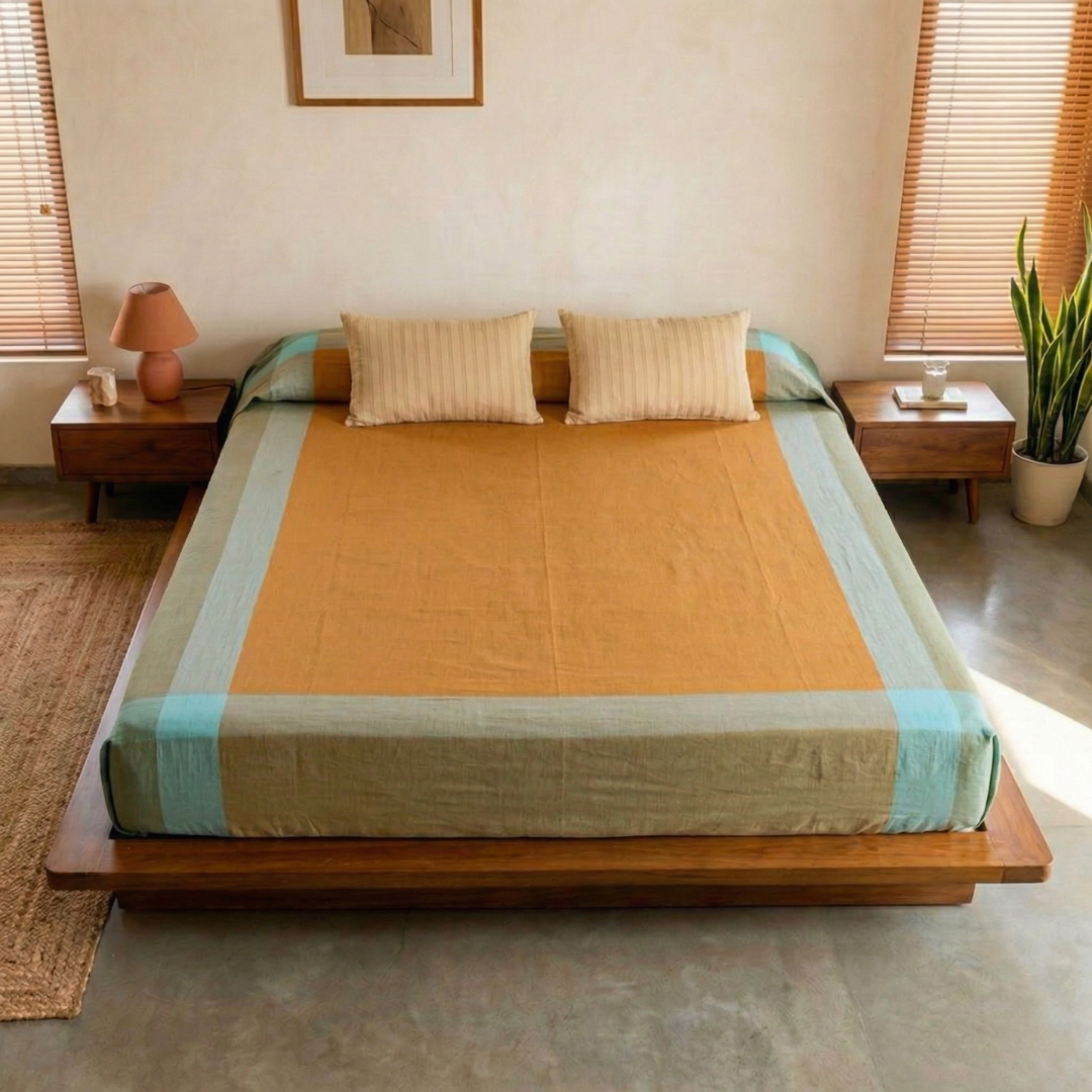 Cotton Bed Cover Handwoven in Honey Mustard Colour