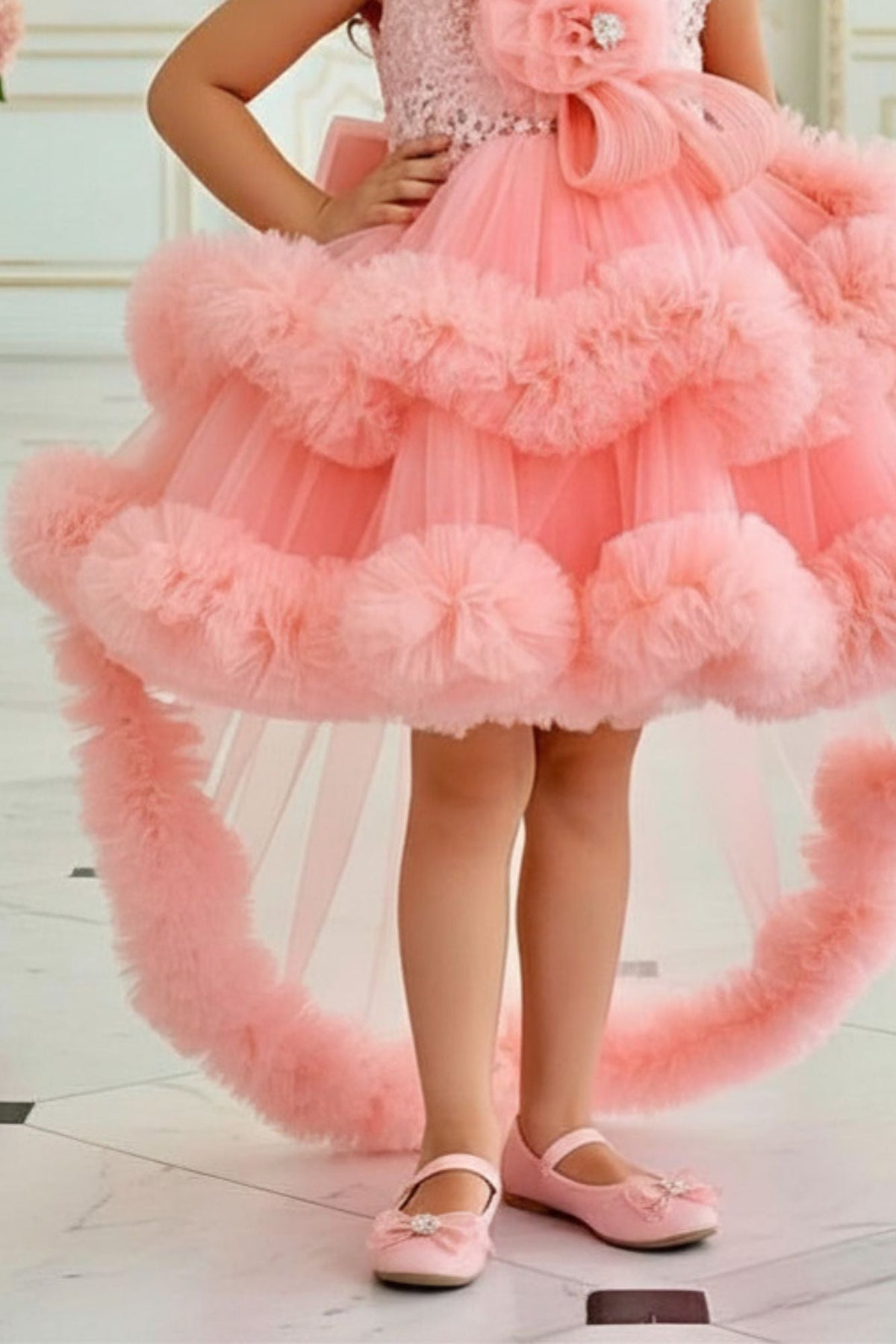Girls Peach Sequin Embellished Party Frock with Tulle Layers and Floral Detail