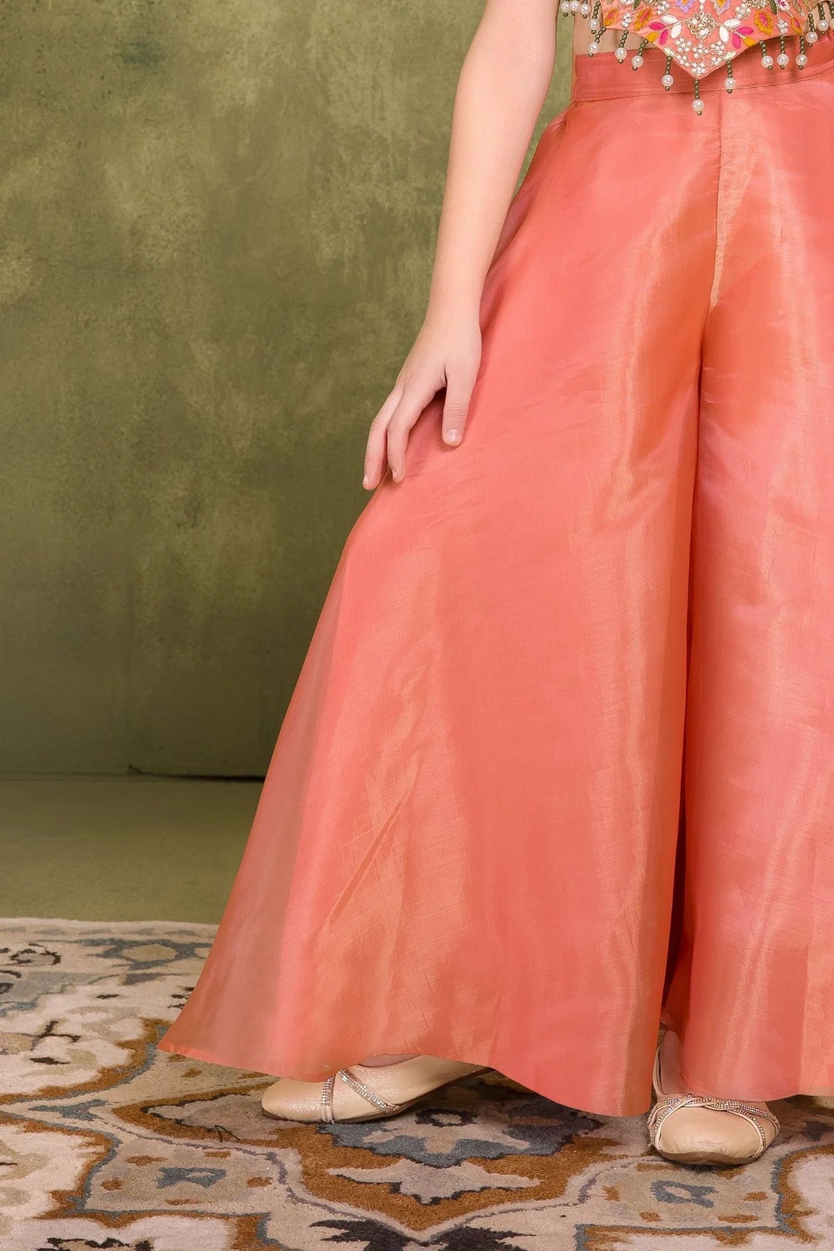 Orange Sequins Work With Thread Embroidery For Palazzo Set For Girls