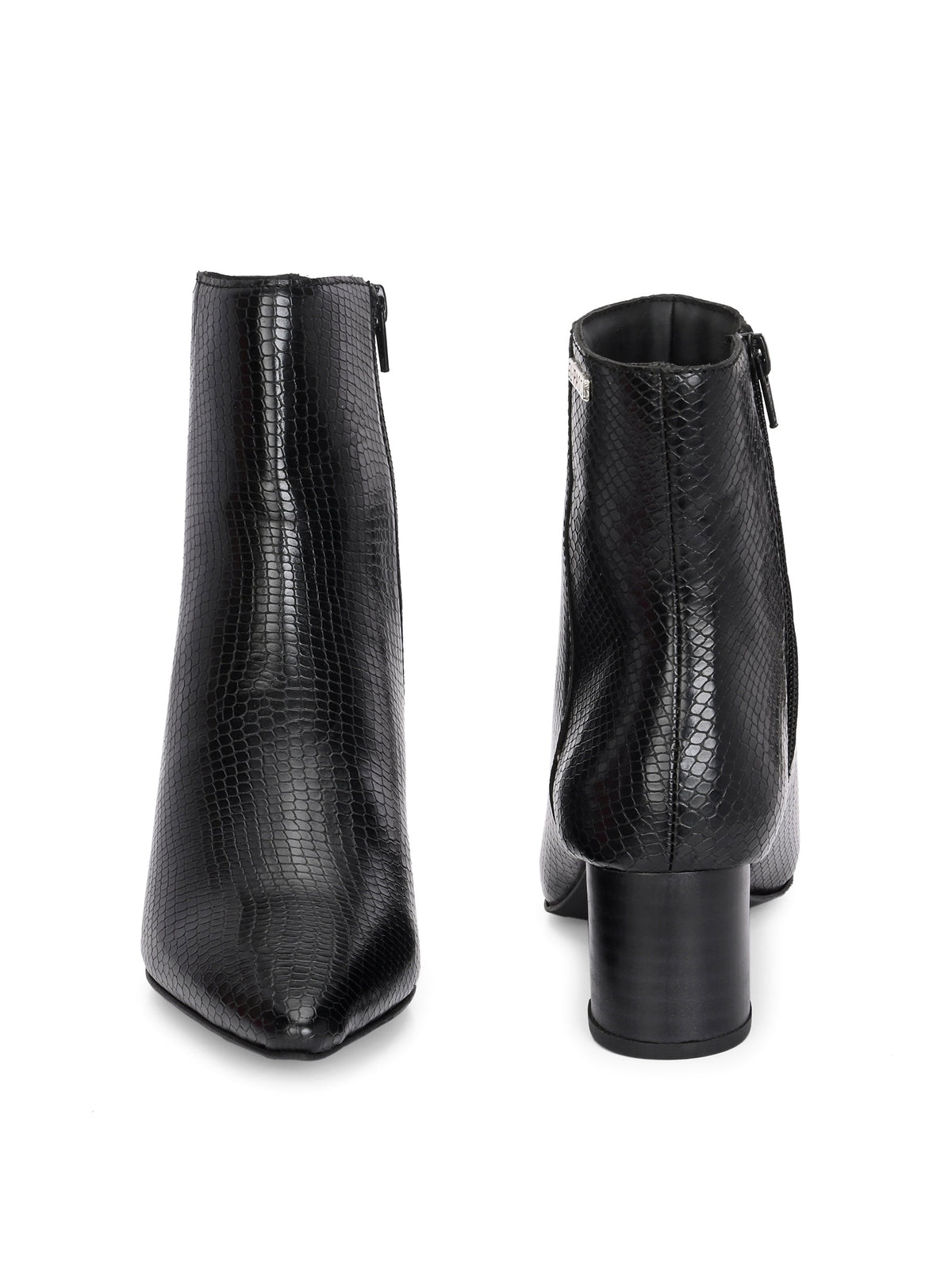 Black textured ankle boots with a sleek snakeskin pattern and a block heel design