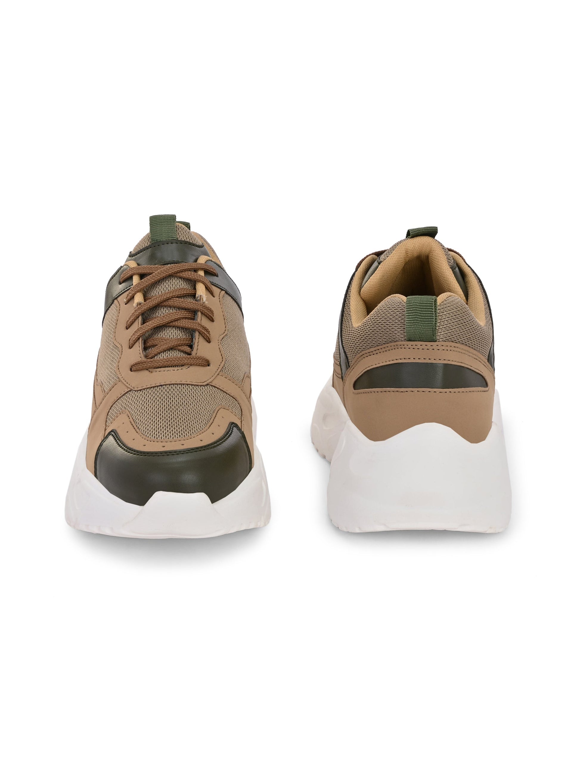 A Sneaker in Beige color with green texture and brown lace-up 