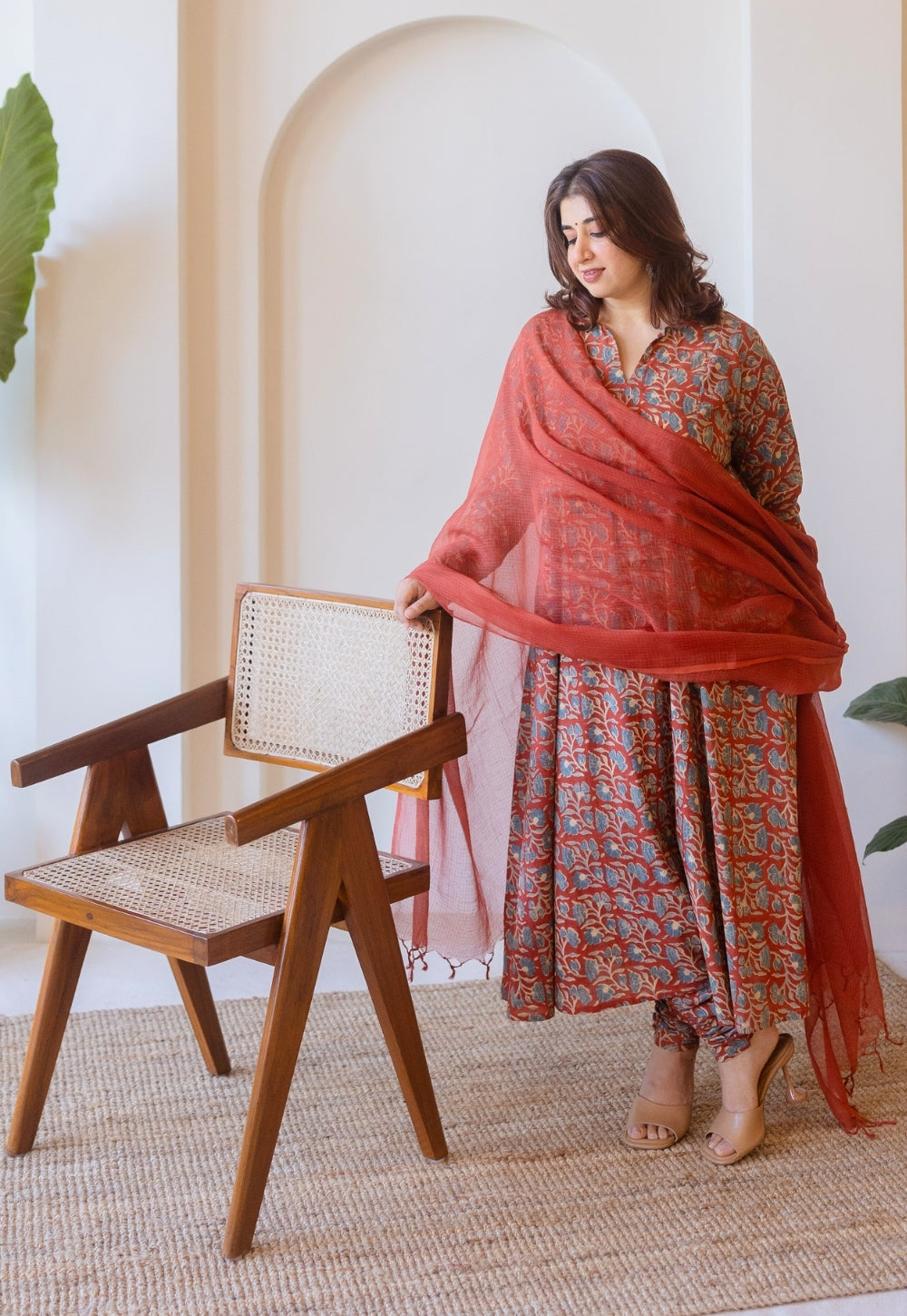 Shinat Red Ajrakh Cotton Kali Kurta with Hand Embroidery