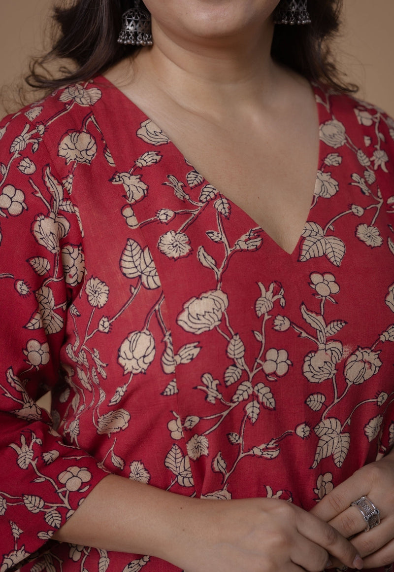 Smriti Red Dabu Slub Cotton Kali Kurta