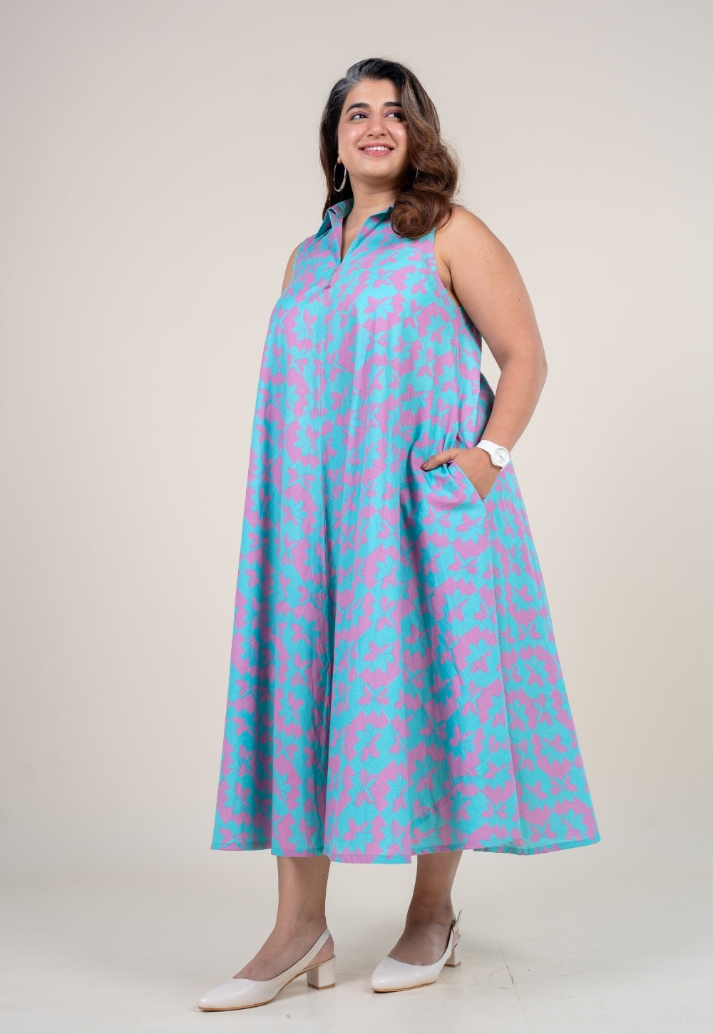 Arya Aqua Blue Printed Cotton A Line Dress with Hand Embroidery
