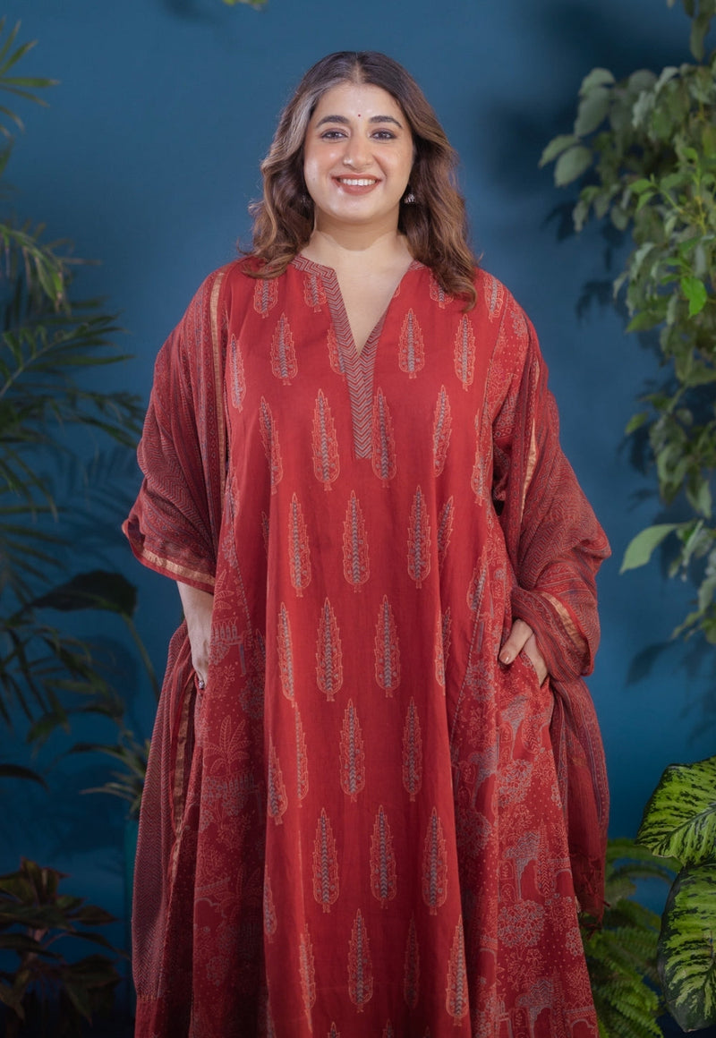 Ishvika Red Ajrakh Cotton Jhabbha Kali Kurta