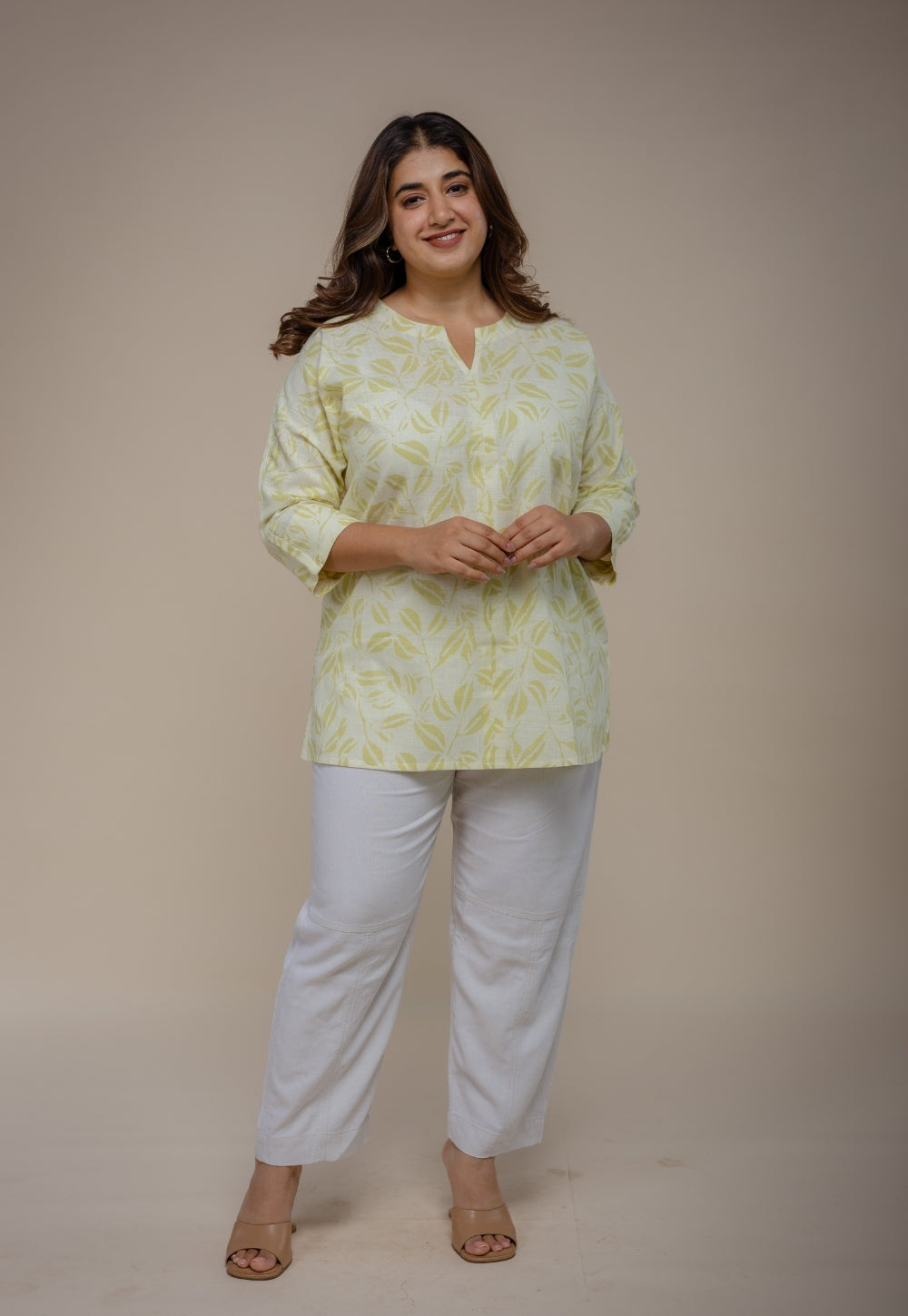 Lyla Green Hand Block Print Slub Cotton Straight Short Top